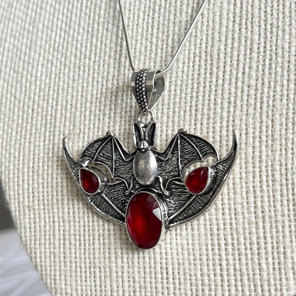 Garnet 925 Sterling Silver BAT Necklace Handmade Gemstone womens Jewelry goth